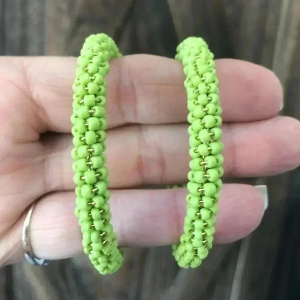 Lime Green Huge Seed Bead Stainless Steel Hoop Earrings NWT